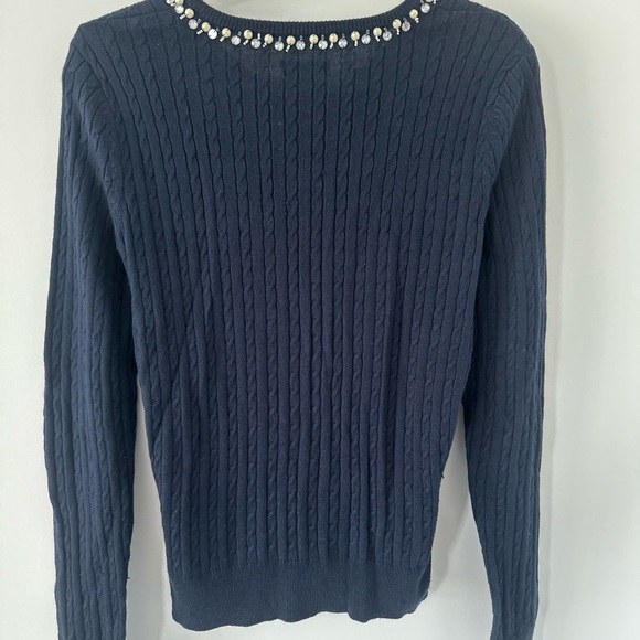 TOMMY HILFIGER Navy Blue Cabled Cardigan Sz M Pearl Rhinestone Trim Soft Cottony - Picture 6 of 6